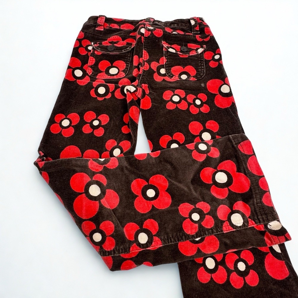 Mini Boden Girls Corduroy Pants Brown W/ Pink Flowers Size 9 Y Adjustable Waist